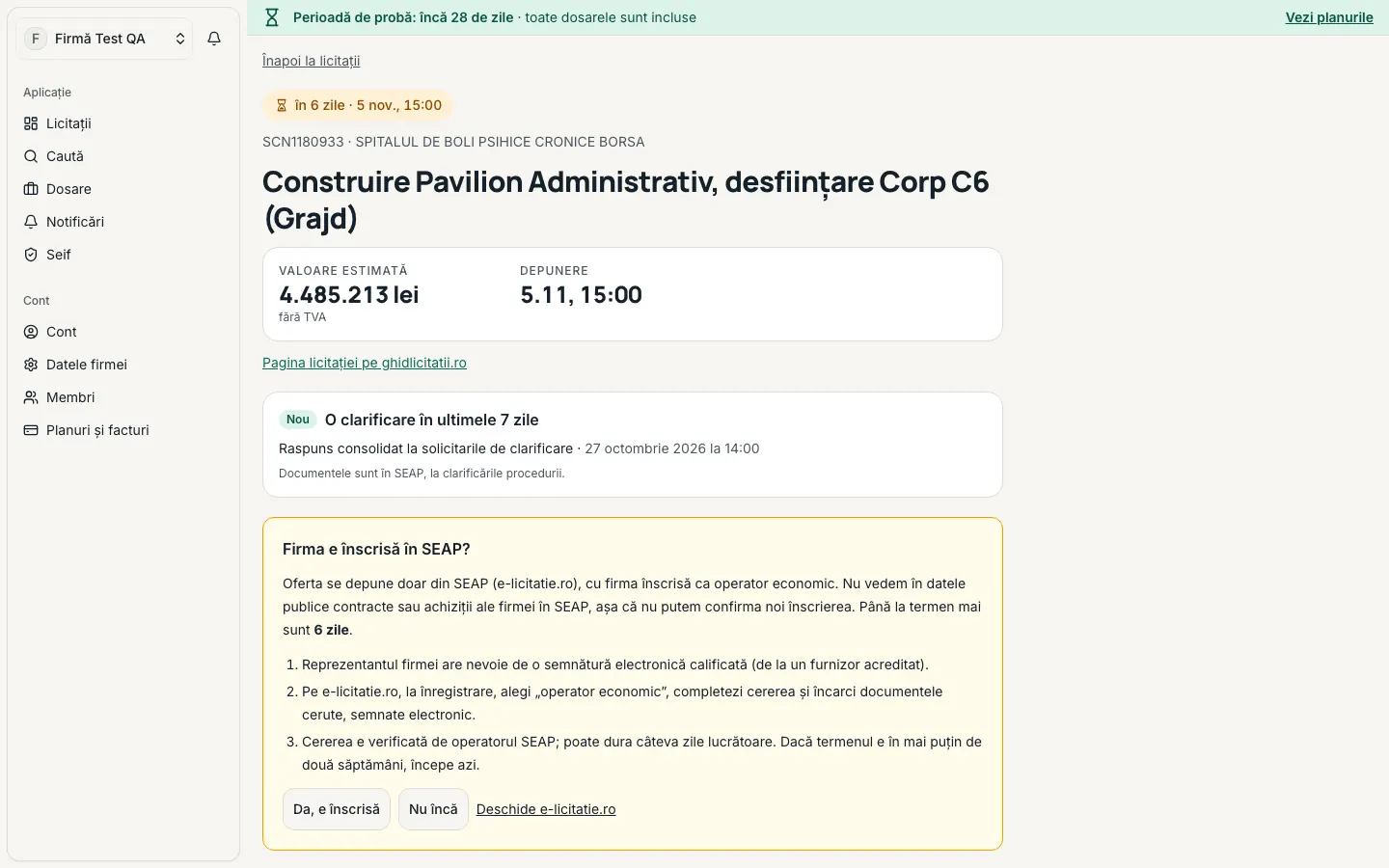 Pagina unei licitații: termenul, codul, titlul, valoarea și termenul de depunere, apoi rezumatul.