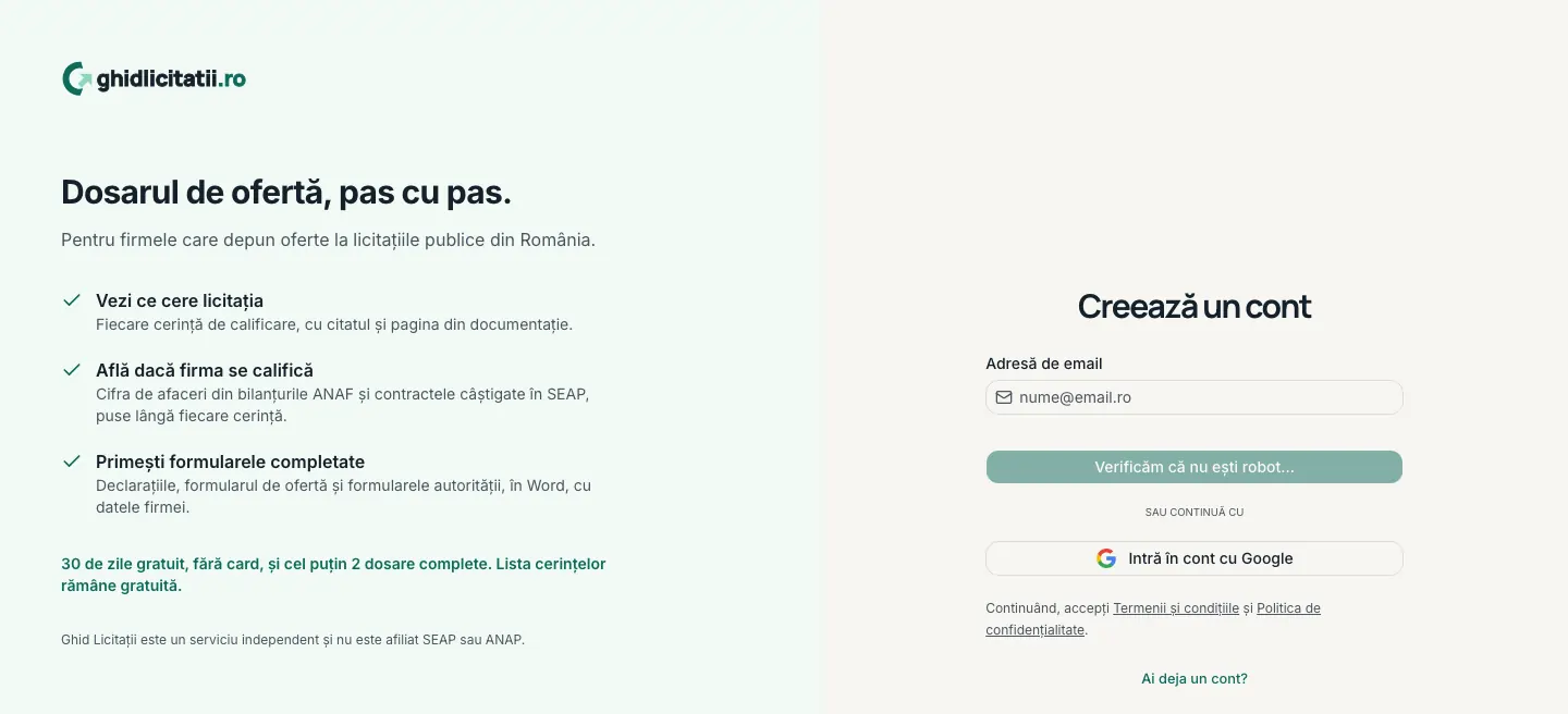 Pagina „Creează un cont”, cu câmpul „Adresă de email” și butonul „Intră în cont cu Google”.