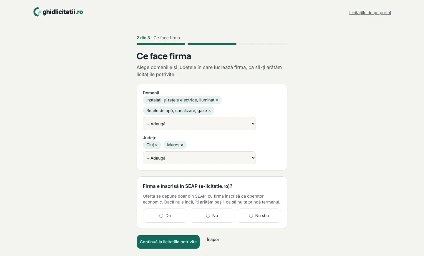 Pasul 2 din 3, „Ce face firma”, cu domeniile și județele alese ca etichete și listele „+ Adaugă”.