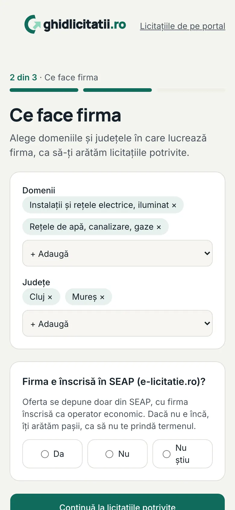 Pasul 2 din 3, „Ce face firma”, cu domeniile și județele alese ca etichete și listele „+ Adaugă”.