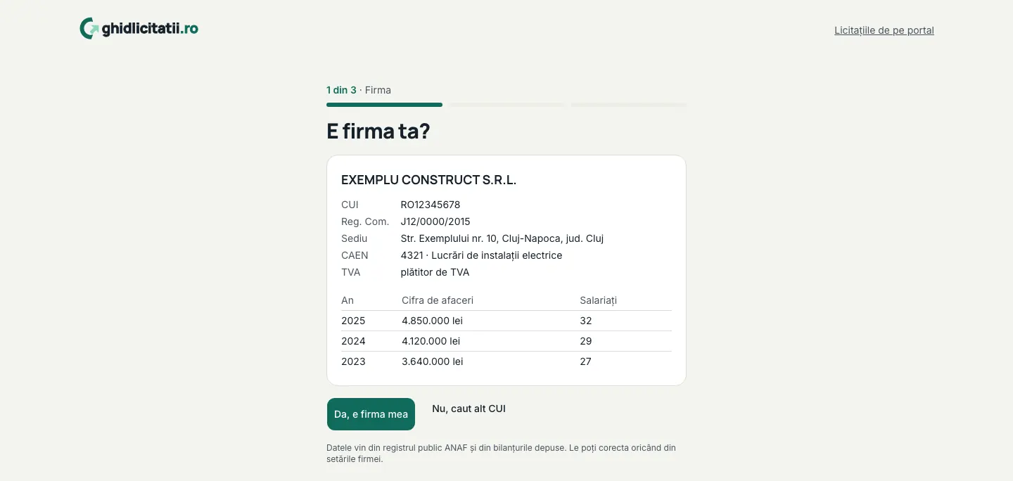 Ecranul „E firma ta?” cu datele firmei din ANAF și butonul „Da, e firma mea”.