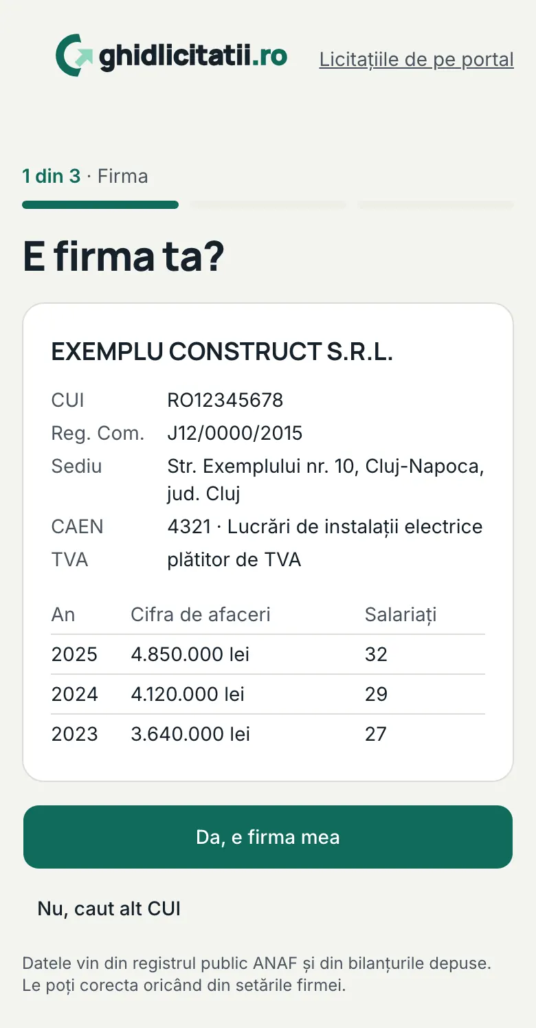 Ecranul „E firma ta?” cu datele firmei din ANAF și butonul „Da, e firma mea”.