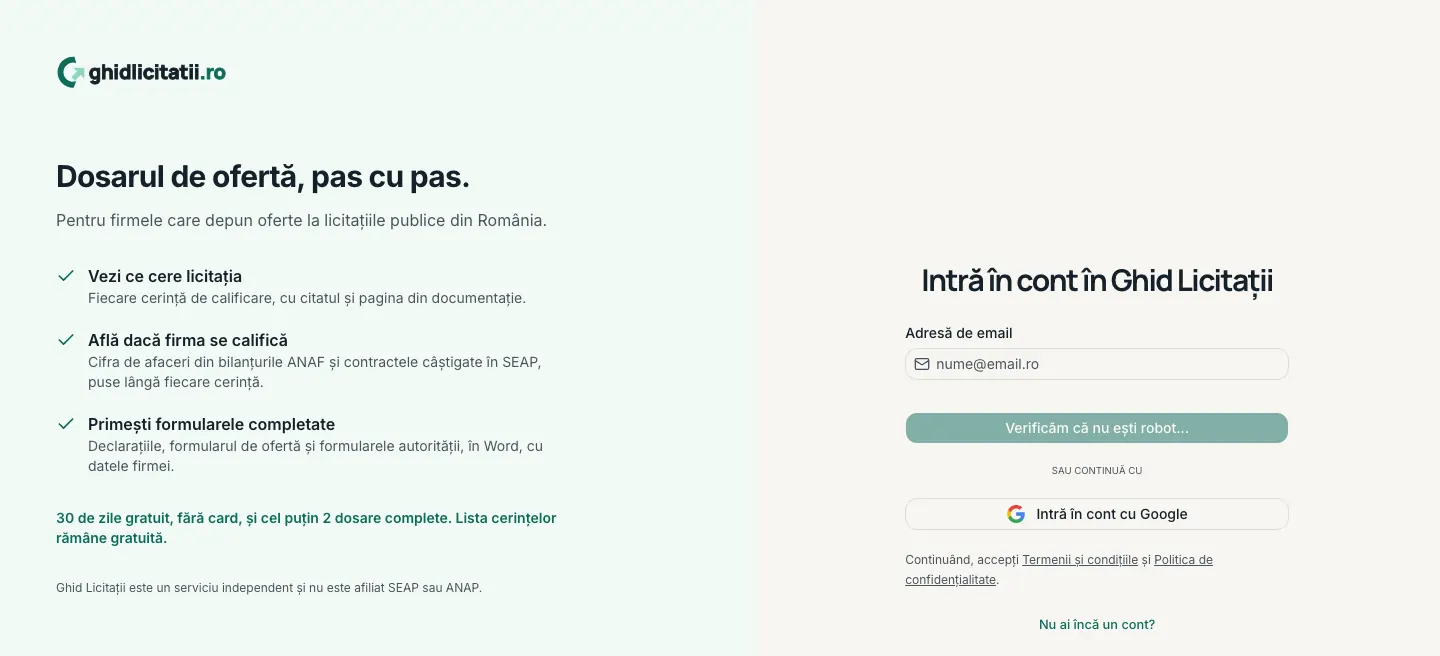 Pagina de intrare în cont, cu câmpul „Adresă de email”.