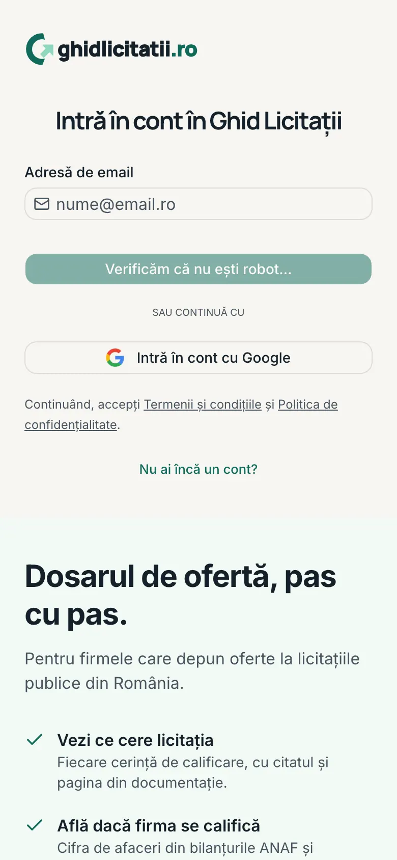 Pagina de intrare în cont, cu câmpul „Adresă de email”.