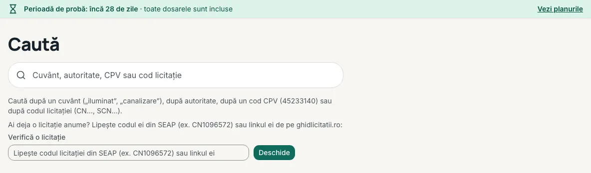 Pagina „Caută”: câmpul de căutare după cuvânt, autoritate, CPV sau cod și, dedesubt, câmpul pentru codul din SEAP.