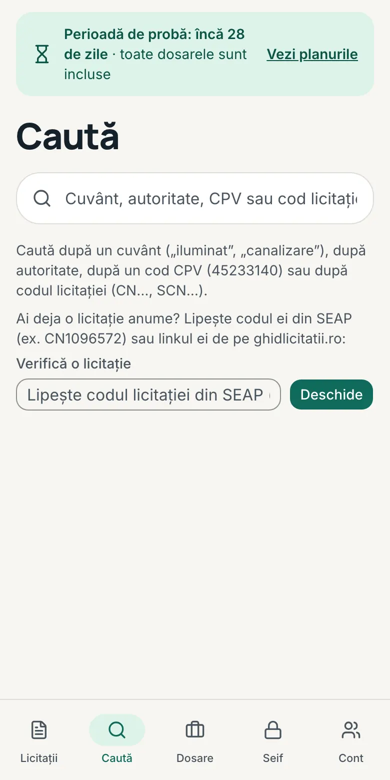 Pagina „Caută”: câmpul de căutare după cuvânt, autoritate, CPV sau cod și, dedesubt, câmpul pentru codul din SEAP.