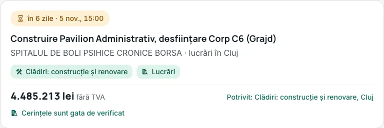 Un card de licitație: termenul, titlul, autoritatea și locul lucrării, domeniul, valoarea fără TVA și motivul potrivirii.