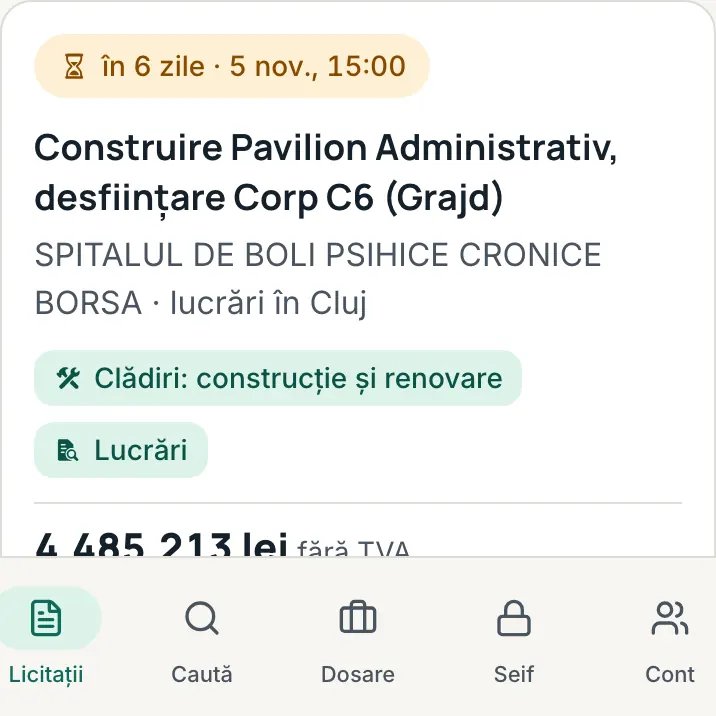 Un card de licitație: termenul, titlul, autoritatea și locul lucrării, domeniul, valoarea fără TVA și motivul potrivirii.