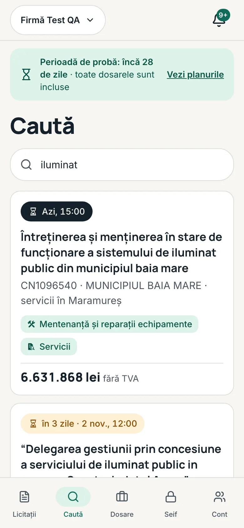 Pagina „Caută” cu rezultatele pentru cuvântul „iluminat”.