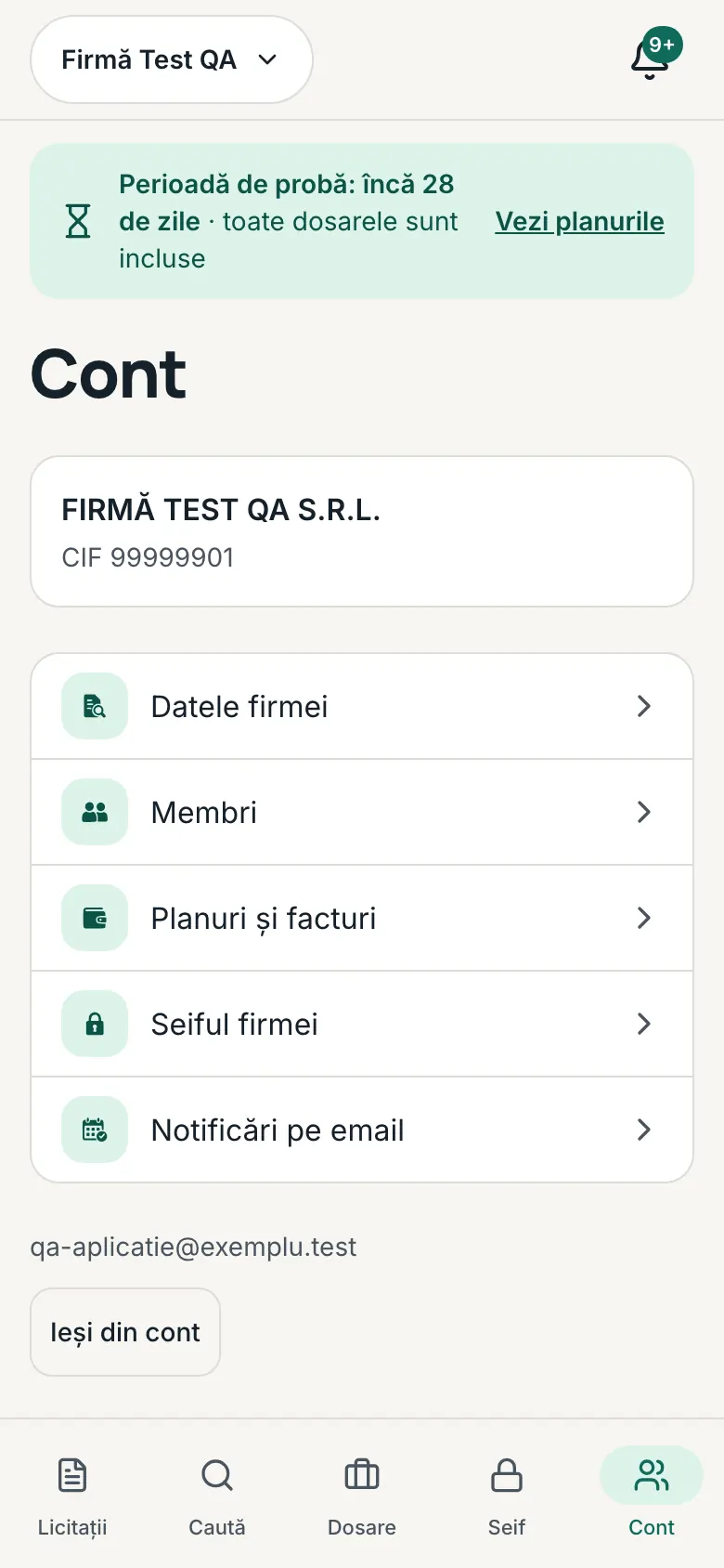 Pagina „Cont”, cu rândul „Notificări pe email”.