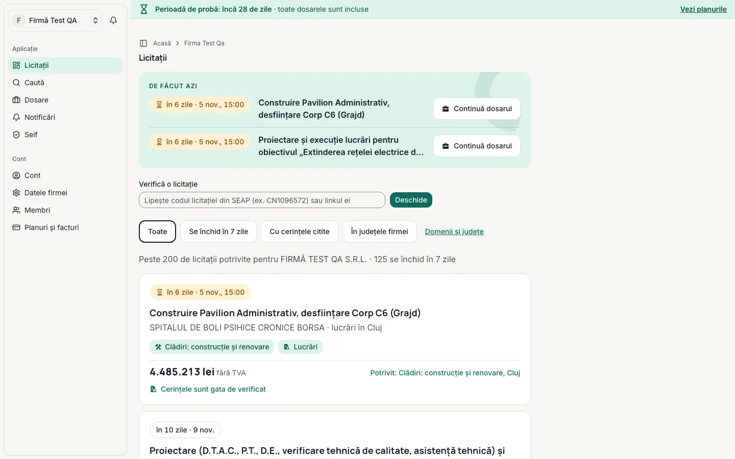 Butoanele de filtrare de deasupra listei: Toate, Se închid în 7 zile, Cu cerințele citite, În județele firmei.