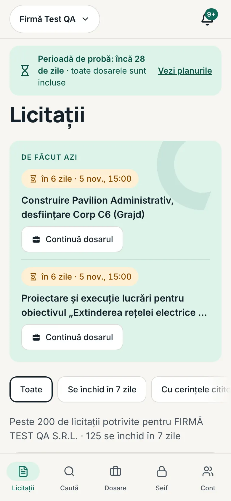 Butoanele de filtrare de deasupra listei: Toate, Se închid în 7 zile, Cu cerințele citite, În județele firmei.