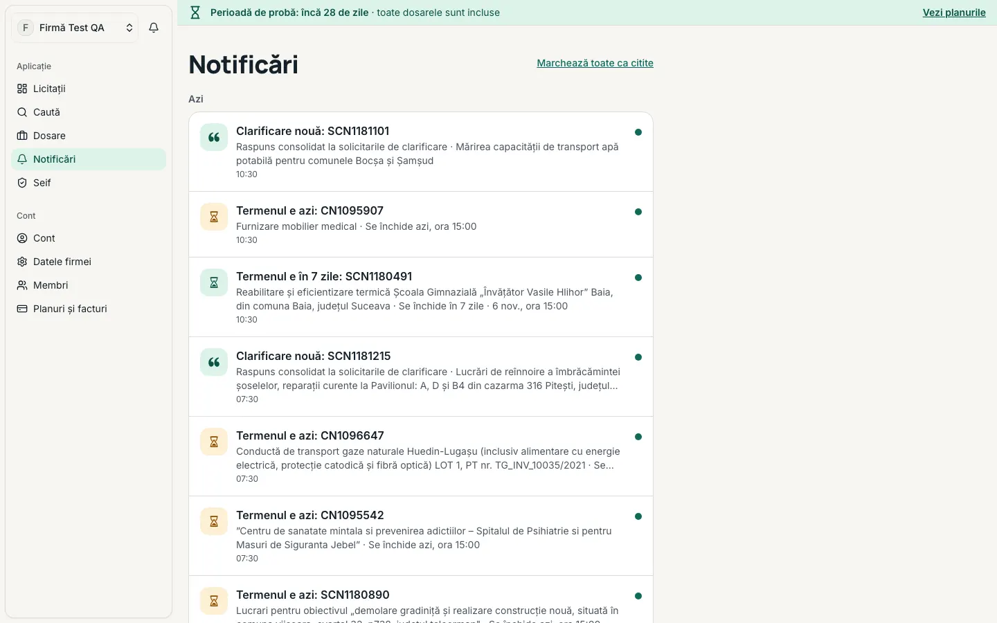 Pagina „Notificări”, cu notificările firmei grupate pe zile.