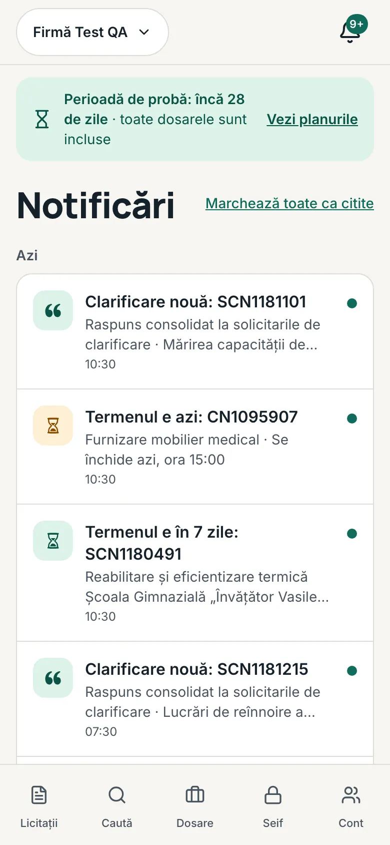 Pagina „Notificări”, cu notificările firmei grupate pe zile.
