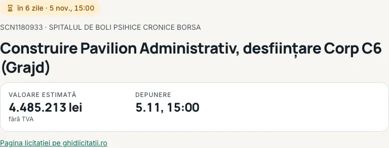 Antetul licitației: termenul, codul și autoritatea, titlul, apoi valoarea estimată, garanția și data depunerii.