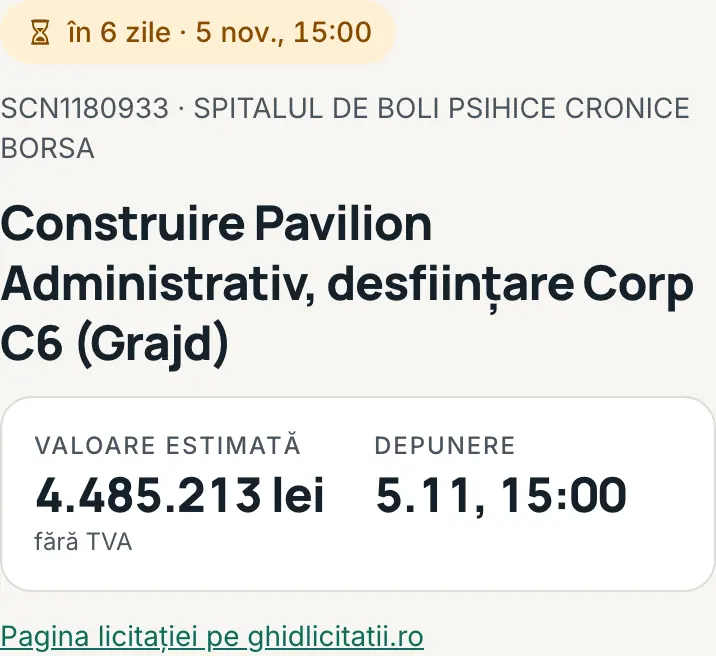 Antetul licitației: termenul, codul și autoritatea, titlul, apoi valoarea estimată, garanția și data depunerii.