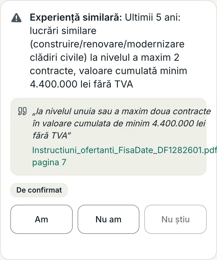 O cerință cu citatul din documentație și sursa lui: numele documentului și pagina.