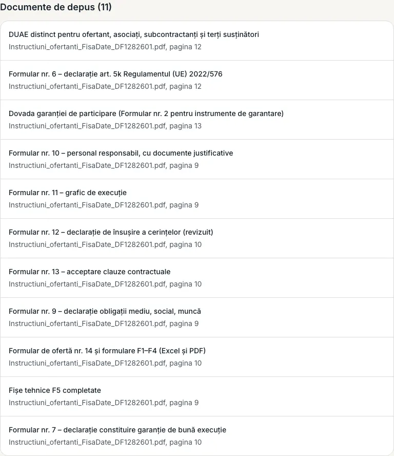 Lista „Documente de depus”, cu documentul și pagina unde e cerut fiecare.
