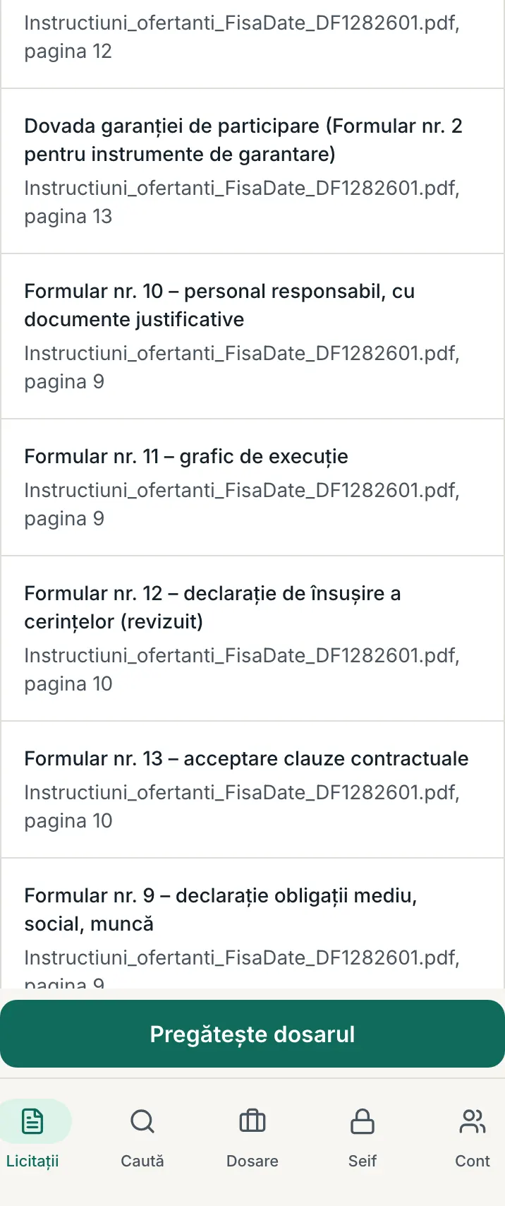 Lista „Documente de depus”, cu documentul și pagina unde e cerut fiecare.