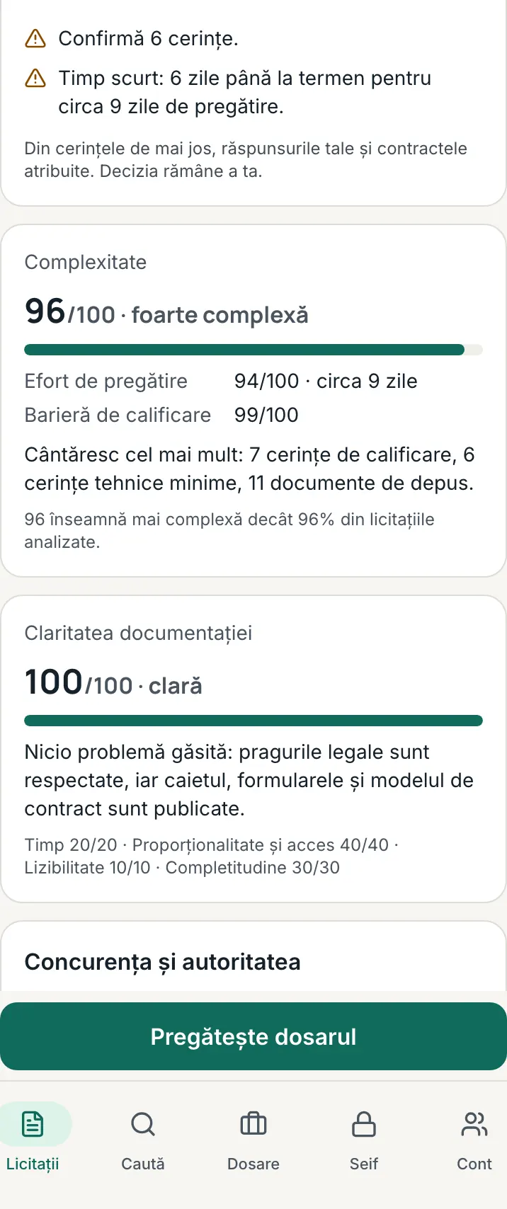 Secțiunea „Merită să participi?”: concluzia cu motivele ei, complexitatea, claritatea documentației și concurența.