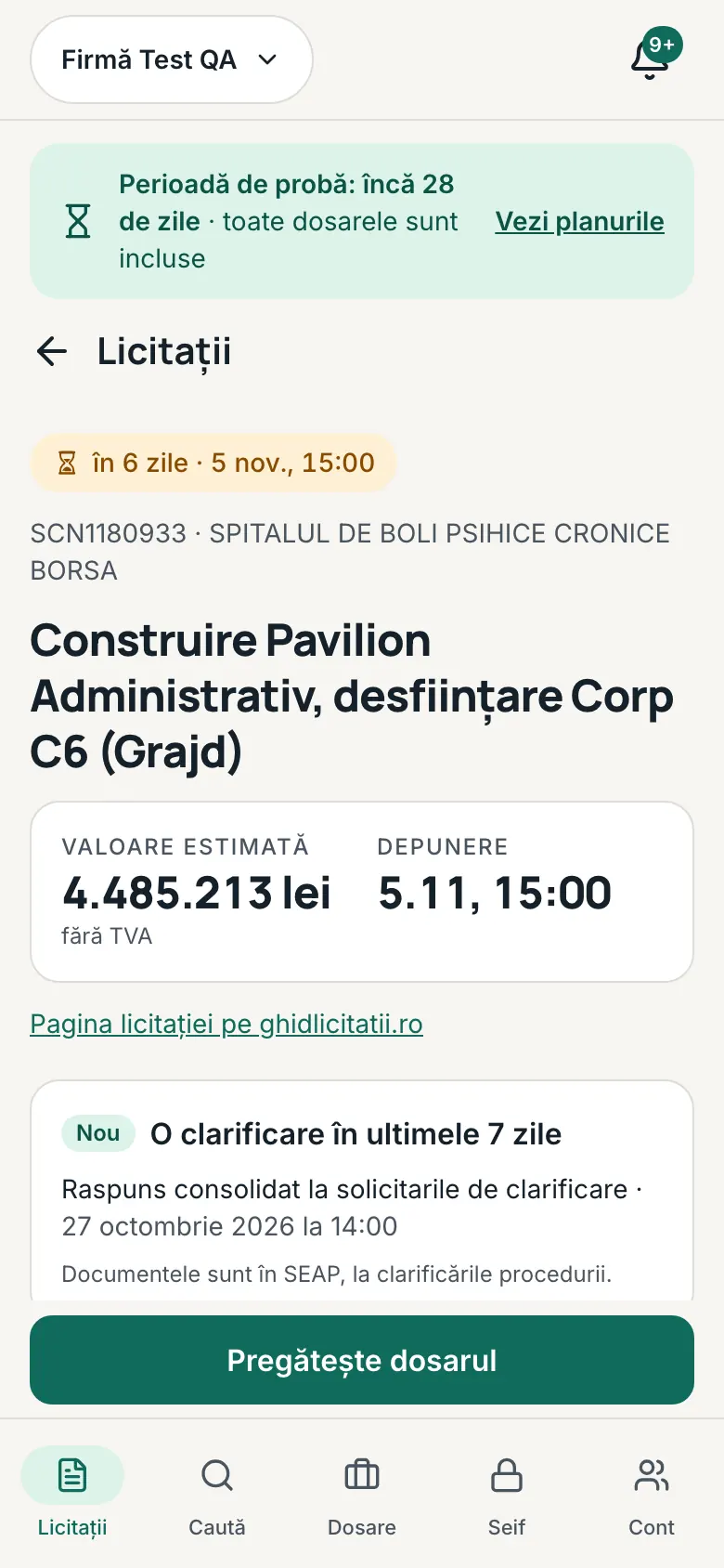 Capătul paginii licitației, cu butonul „Pregătește dosarul”.