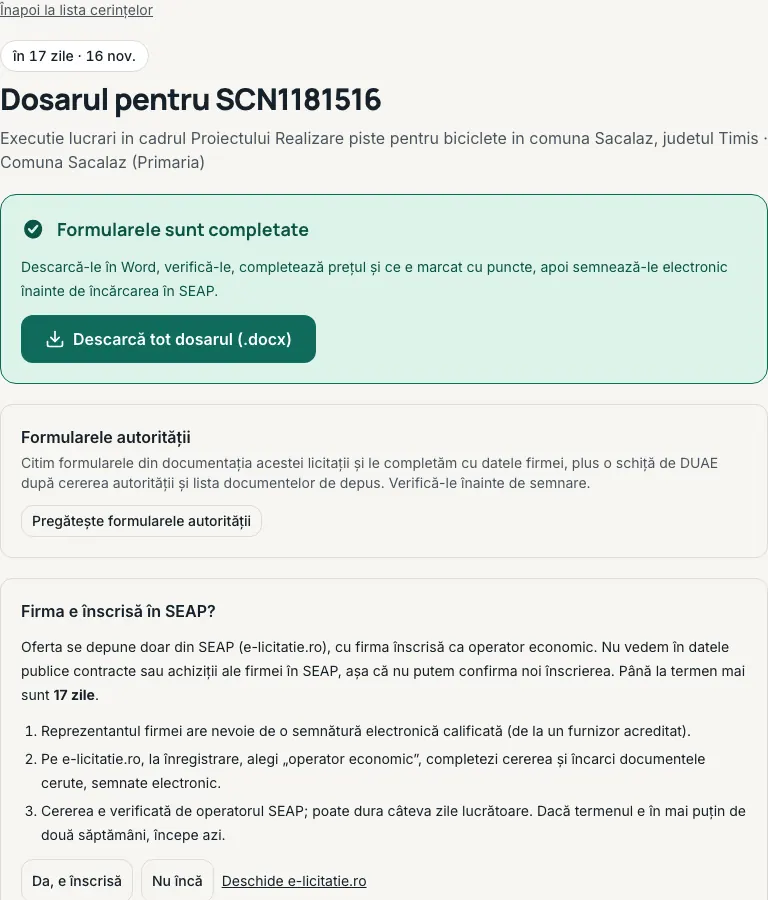 Pagina „Dosarul pentru …” a unei licitații din contul firmei de test, cu termenul sus.