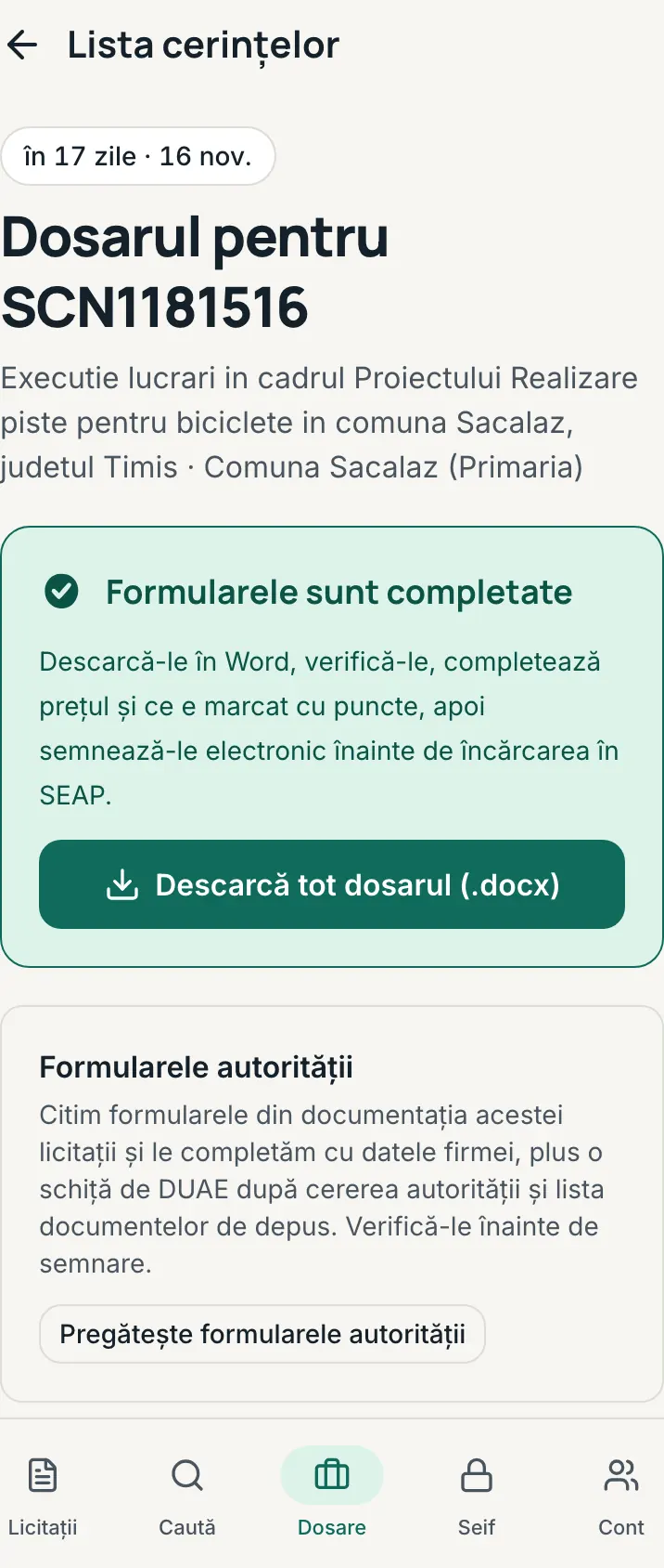 Pagina „Dosarul pentru …” a unei licitații din contul firmei de test, cu termenul sus.