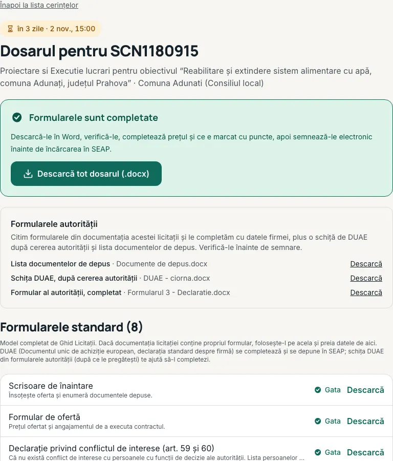 Dosarul deblocat: mesajul „Formularele sunt completate” și butonul „Descarcă tot dosarul (.docx)”.