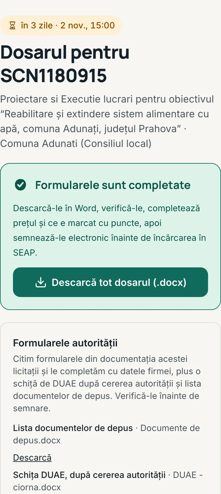 Dosarul deblocat: mesajul „Formularele sunt completate” și butonul „Descarcă tot dosarul (.docx)”.