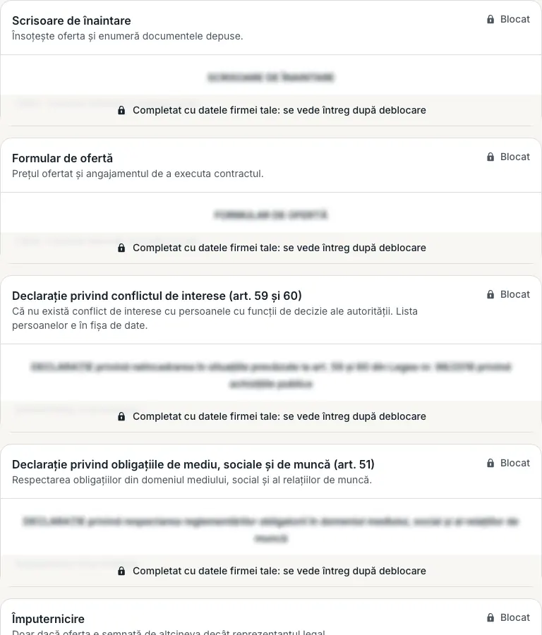 Formularele unui dosar încă nedeblocat: fiecare are starea „Blocat” și textul estompat.