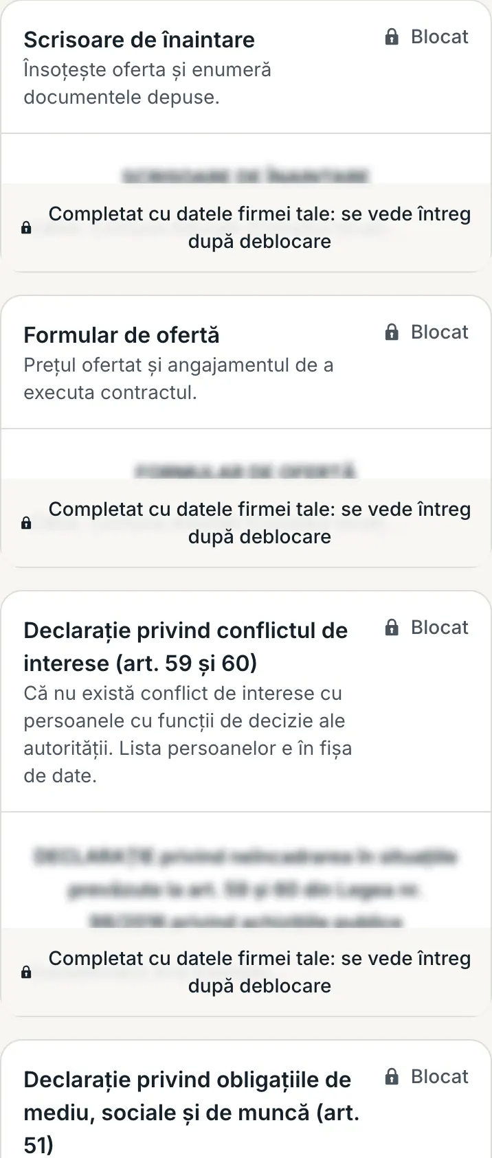 Formularele unui dosar încă nedeblocat: fiecare are starea „Blocat” și textul estompat.