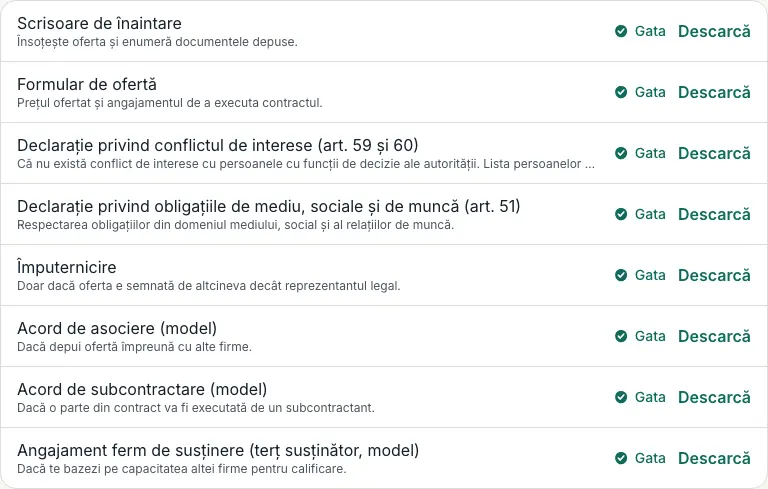 Lista „Formularele standard” a unui dosar deblocat: fiecare formular are starea „Gata” și linkul „Descarcă”.