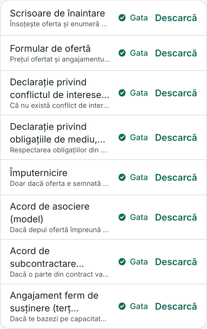 Lista „Formularele standard” a unui dosar deblocat: fiecare formular are starea „Gata” și linkul „Descarcă”.