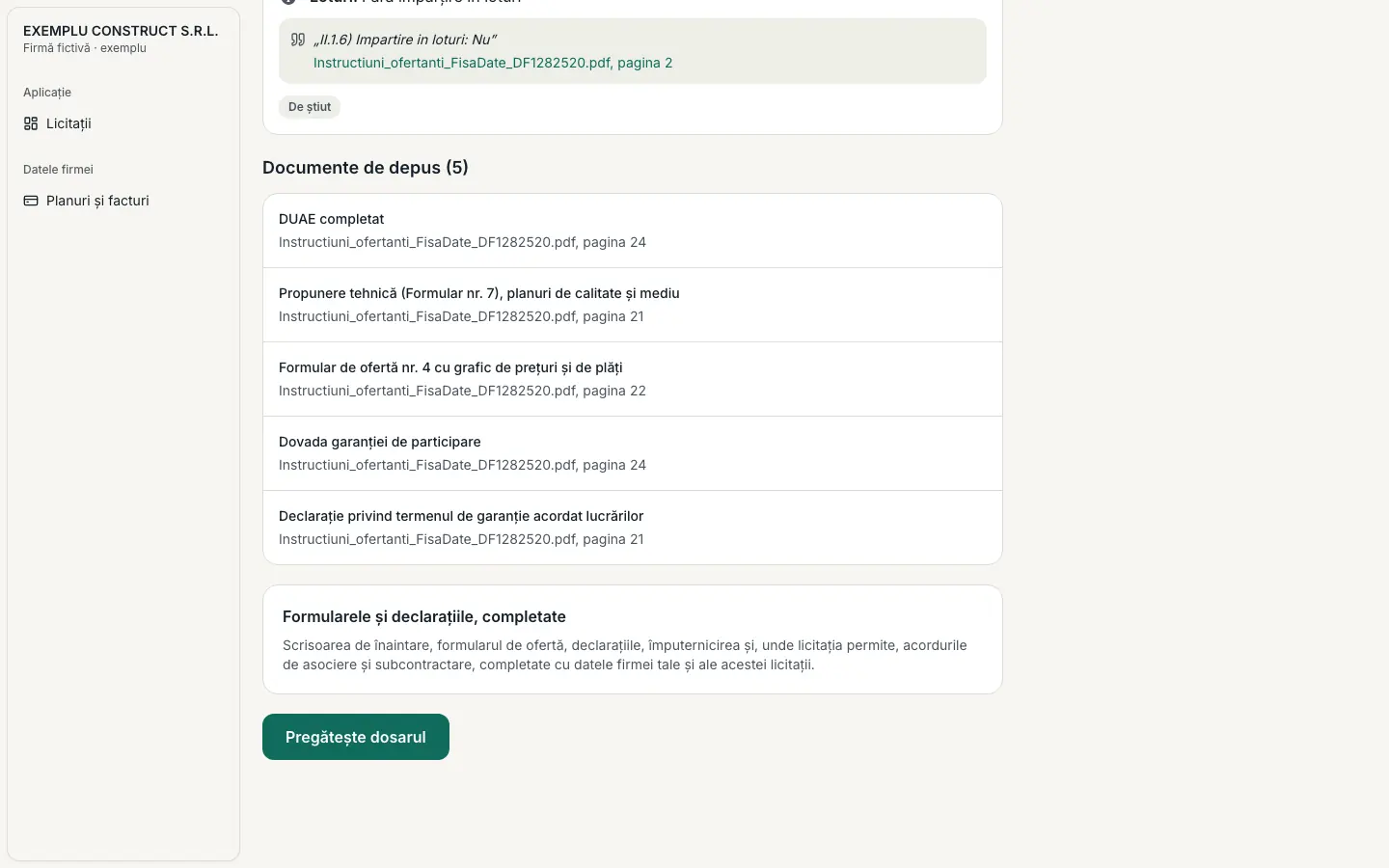 Lista cerințelor unei licitații, cu butonul „Pregătește dosarul” sub secțiunea „Formularele și declarațiile, completate”.