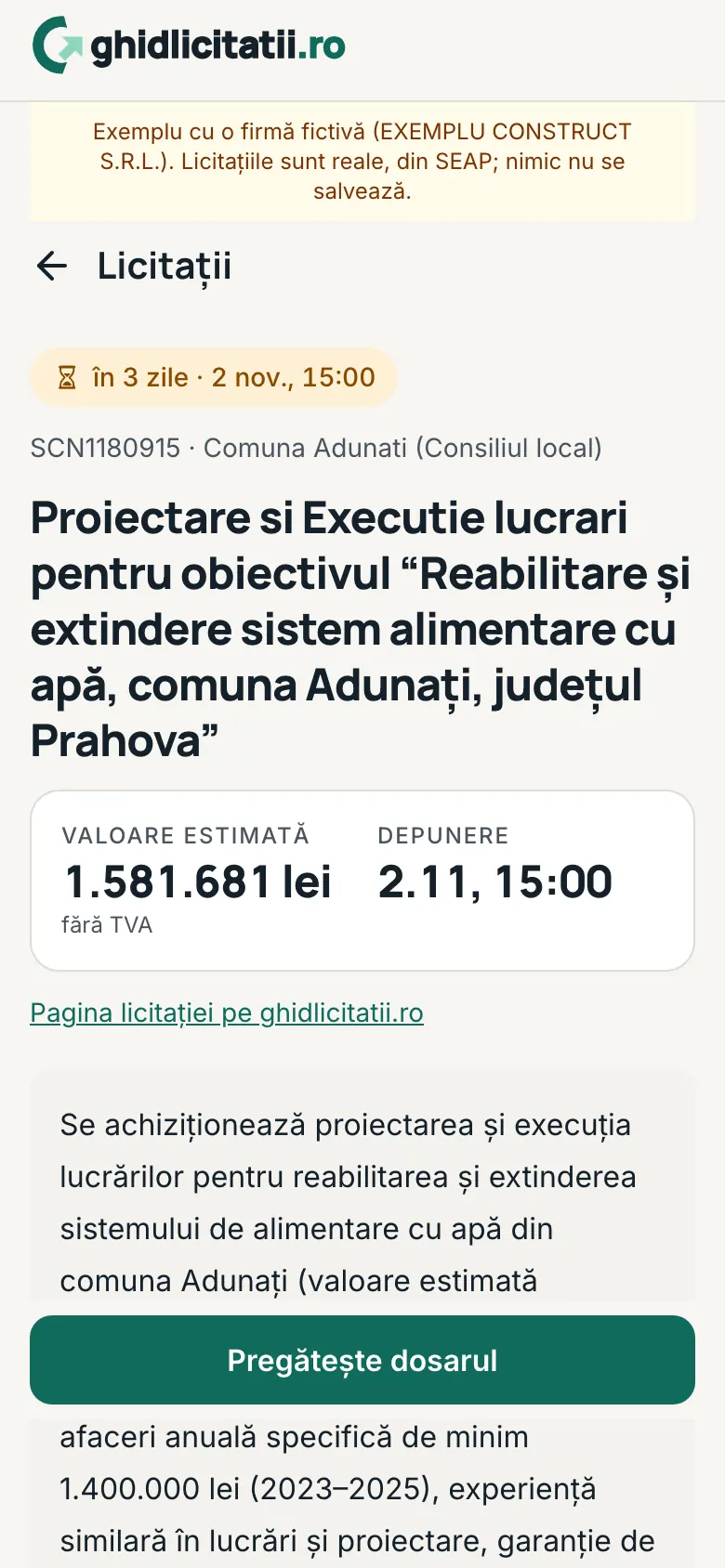 Lista cerințelor unei licitații, cu butonul „Pregătește dosarul” sub secțiunea „Formularele și declarațiile, completate”.