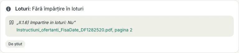 Rândul „Loturi” din lista cerințelor, cu citatul din fișa de date și pagina documentului.
