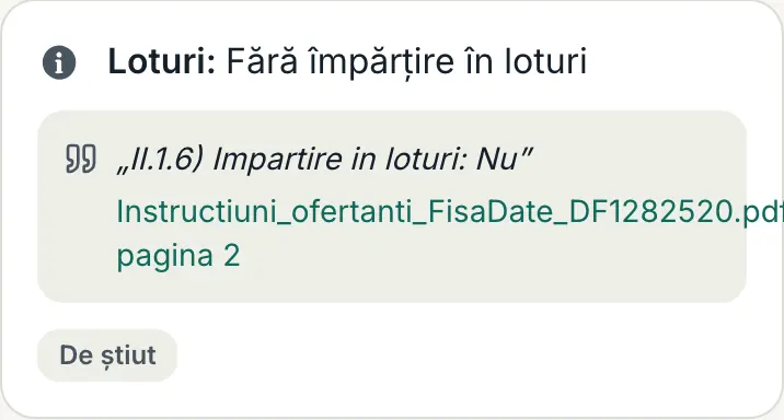 Rândul „Loturi” din lista cerințelor, cu citatul din fișa de date și pagina documentului.