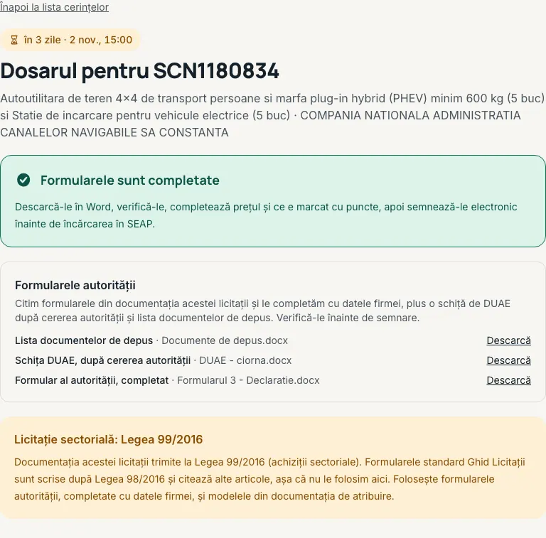 Dosarul unei licitații sectoriale: formularele autorității și nota „Licitație sectorială: Legea 99/2016”, fără formulare standard.