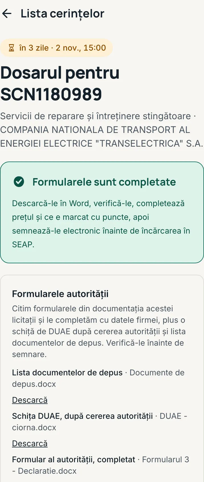 Dosarul unei licitații sectoriale: formularele autorității și nota „Licitație sectorială: Legea 99/2016”, fără formulare standard.