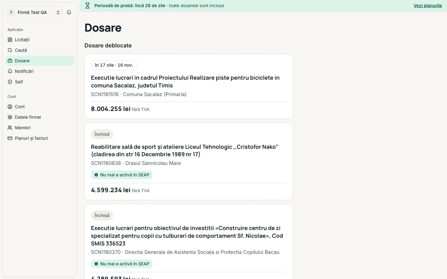 Pagina „Dosare”, cu grupurile „Dosare deblocate” și „Deschise recent”, fiecare licitație cu termenul ei.