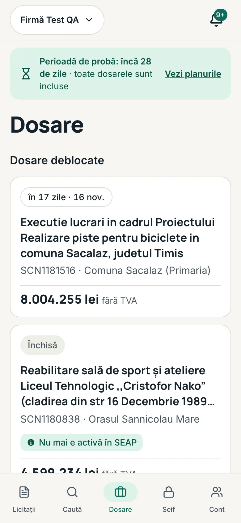 Pagina „Dosare”, cu grupurile „Dosare deblocate” și „Deschise recent”, fiecare licitație cu termenul ei.