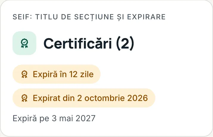 Etichetele de expirare din seif: „Expiră în 12 zile” și „Expirat din 2 octombrie 2026” în chihlimbar, iar data îndepărtată ca text gri.