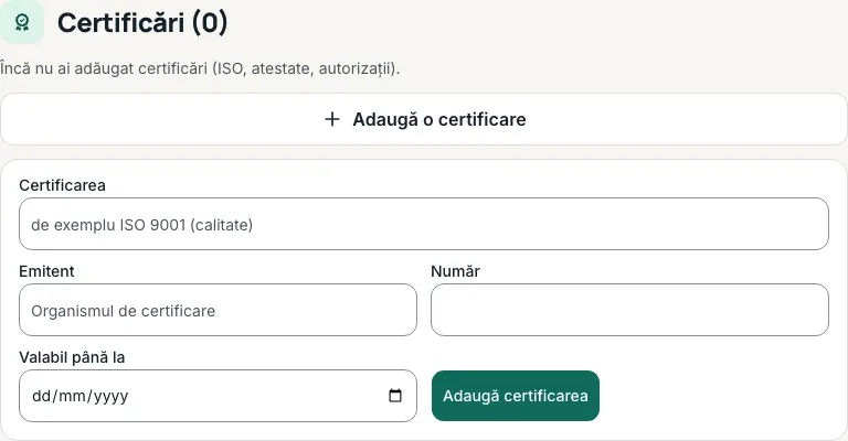 Secțiunea „Certificări” din seif, cu formularul deschis: câmpurile „Certificarea”, „Emitent”, „Număr”, „Valabil până la” și butonul „Adaugă certificarea”.