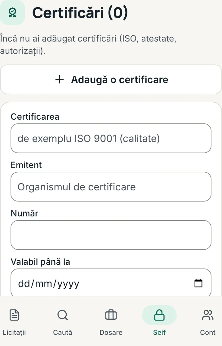 Secțiunea „Certificări” din seif, cu formularul deschis: câmpurile „Certificarea”, „Emitent”, „Număr”, „Valabil până la” și butonul „Adaugă certificarea”.