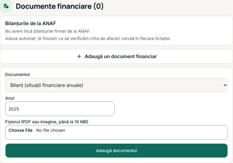 Secțiunea „Documente financiare”: rândul „Bilanțurile de la ANAF” și formularul cu lista „Documentul”, anul, fișierul și butonul „Adaugă documentul”.