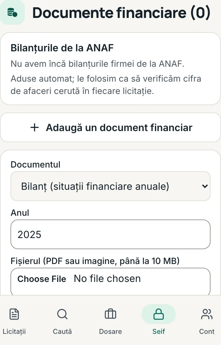 Secțiunea „Documente financiare”: rândul „Bilanțurile de la ANAF” și formularul cu lista „Documentul”, anul, fișierul și butonul „Adaugă documentul”.