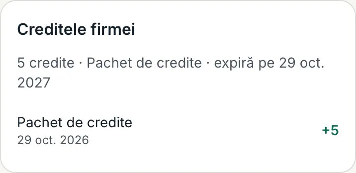 Secțiunea „Creditele firmei”: loturile de credite cu data de expirare și mișcările, de exemplu „Pachet de credite +5”.