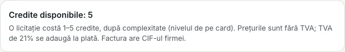 Cardul „Credite disponibile” de pe pagina „Planuri și facturi”, cu numărul de credite al firmei.