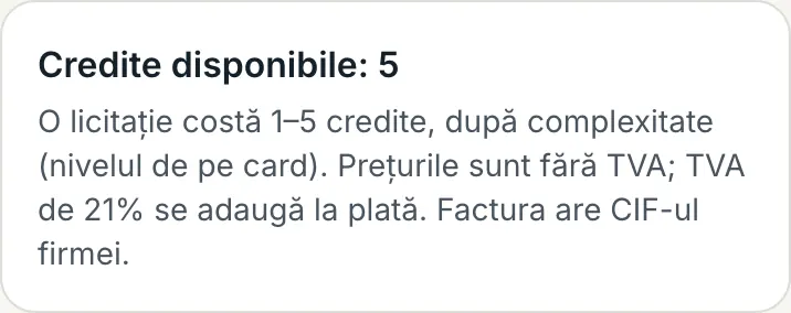 Cardul „Credite disponibile” de pe pagina „Planuri și facturi”, cu numărul de credite al firmei.