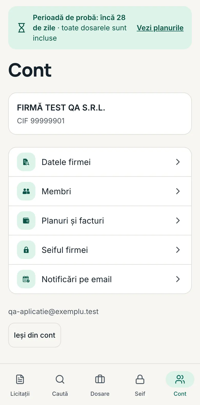 Pagina „Cont”: firma cu CIF-ul, lista „Datele firmei”, „Membri”, „Planuri și facturi”, „Seiful firmei”, „Notificări pe email” și butonul „Ieși din cont”.